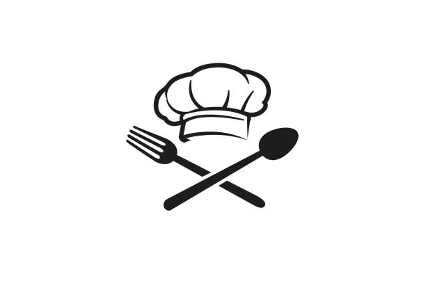 ilustrações, clipart, desenhos animados e ícones de criativo chef chapéu colher garfo logotipo vector ilustração design símbolo - chef