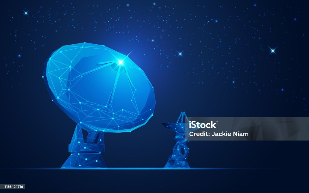 satellite dish concept of telecommunication technology, polygonal satellite dish with galaxy background Satellite Dish stock vector