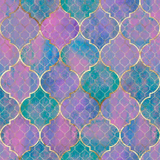 aquarell abstrakte geometrische nahtlose muster. arabische fliesen. kaleidoskop-effekt. aquarell-mosaik - backgrounds green pink silk stock-grafiken, -clipart, -cartoons und -symbole