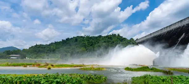 Photo of Amazing and beautiful water release at spillway or overflows at big dam with blue sky and cloud (Khun Dan Prakan Chon dam in Nakhon Nayok province Thailand)