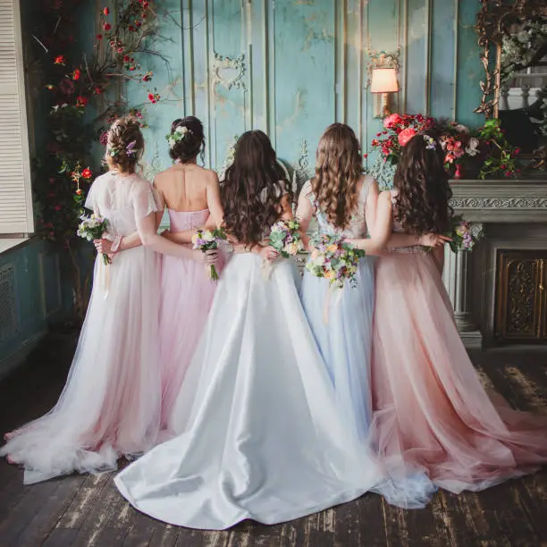 Photo of Bride and bridesmaids. Beautiful young women in dresses