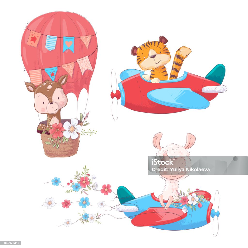 Set Cartoon Cute Animals Tiger Deer And Llama On An Airplane And Balloon  Kids Clipart Stock Illustration - Download Image Now - iStock