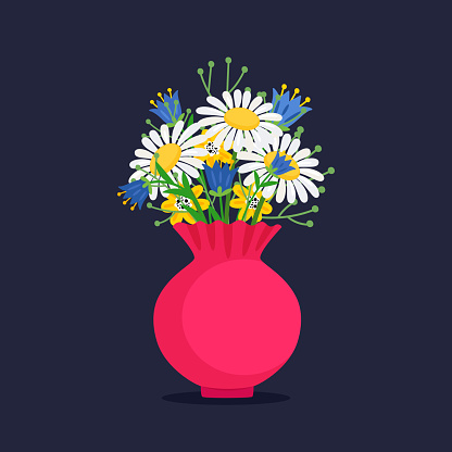 Vector different flowers bouquet on dark background. Bouquet flowers of vase, blossom spring floral illustration