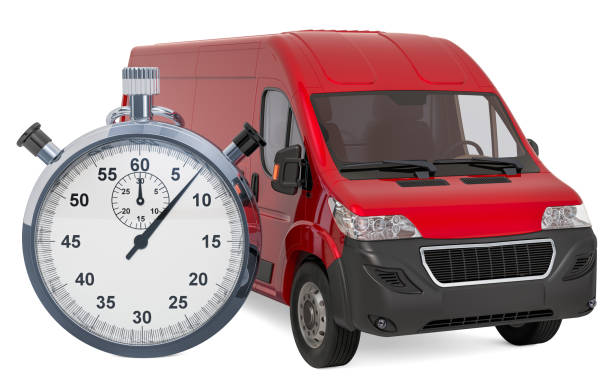istock Commercial delivery van with chronometer. Fast delivery concept, 3D rendering isolated on white background 1156431026