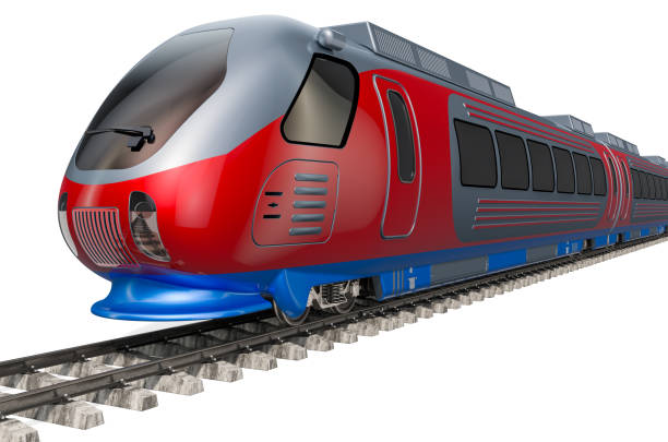 istock Modern high speed train on the tracks. 3D rendering isolated on white background 1156431195