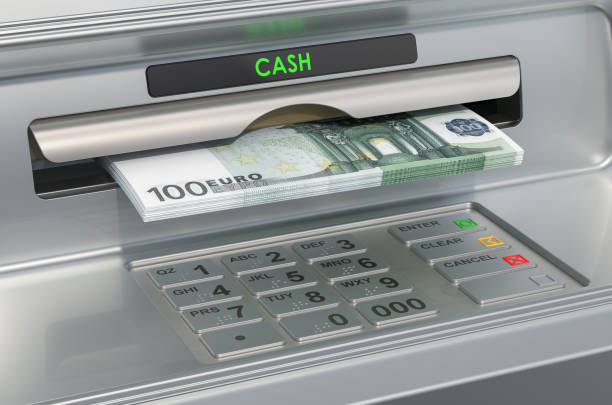 istock ATM machine with euro. Withdrawing euro banknotes, 3D rendering 1156431249