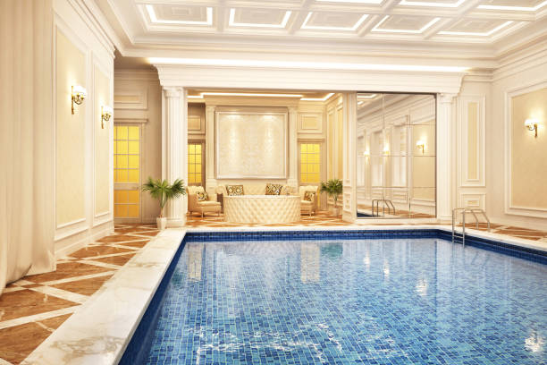 luxurious swimming pool and sauna inside a beautiful home - palace entrance hall indoors floor imagens e fotografias de stock
