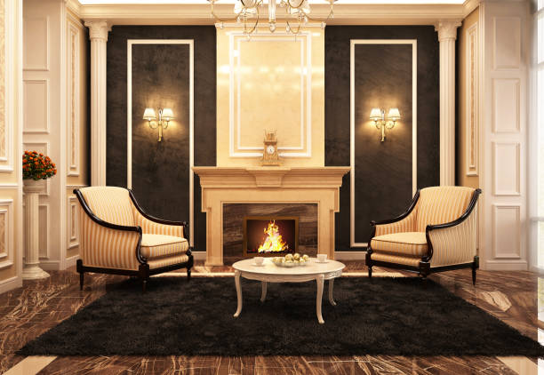 大きな家の豪華な暖炉の部屋�のデザイン - 邸宅 ストックフォトと画像