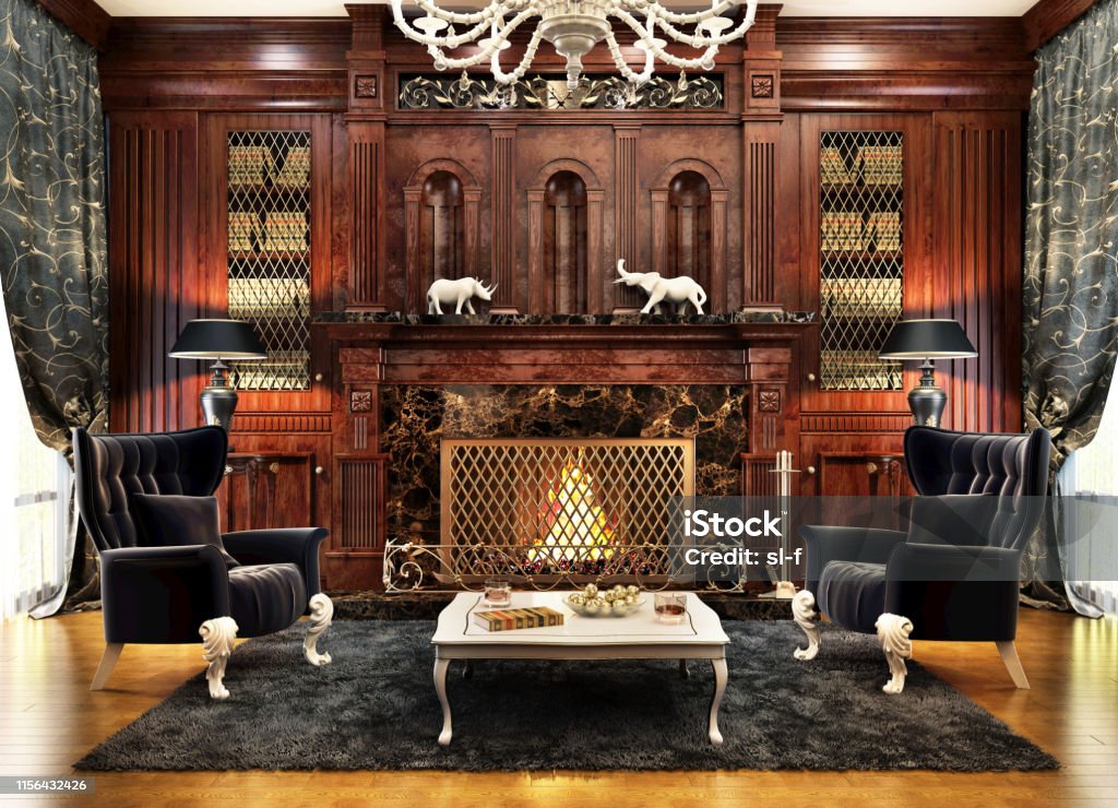 Luxurious interior design of the fireplace room Luxurious interior design of the fireplace room in a beautiful house Library Stock Photo