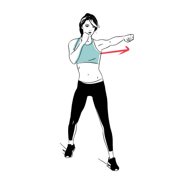 workout boxercise - boxing hook punch young woman doing exercise - part of series boxercise stock illustrations