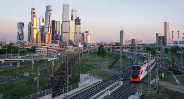 istock Evening train near Moscow business center 1156439889