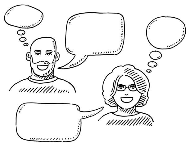 mężczyzna i kobieta z pustą mową i myślenie pęcherzyki rysunek - thinking thought bubble thought cloud clip art stock illustrations