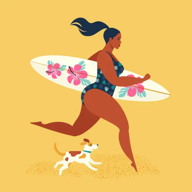 Vector illustration of Summer holiday. Girl surfer running with a dog. Vector illustration.