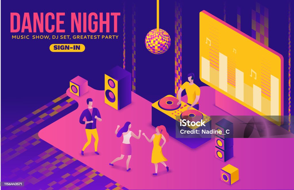 Party Isometric Concept Dj Playing Club Disco Music 3d Vector Illustration  Dancing People Nightclub Dance Music Holiday Event Poster Corporate Gig  Violet Yellow Pink Clubbing Cartoon Men Stock Illustration - Download Image