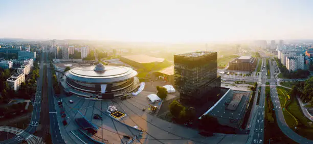 Beautiful sunrise over city center of Katowice