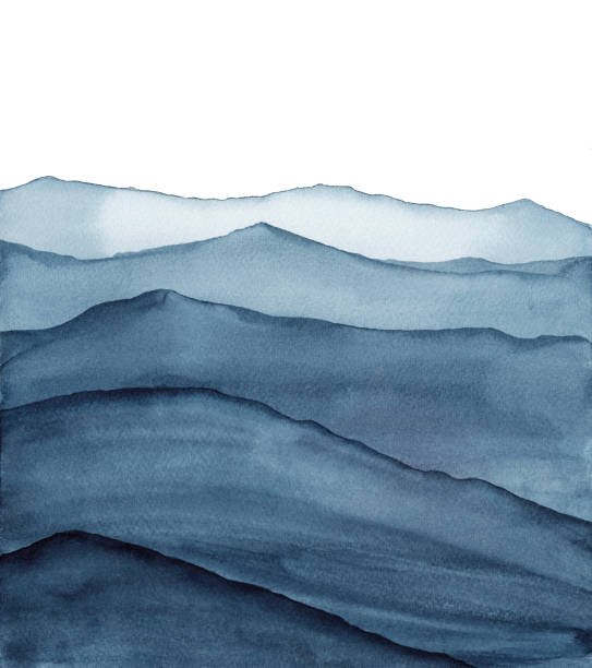 abstrakte indigo blau aquarell wellen berge auf weißem hintergrund - bilder landschaften stock-grafiken, -clipart, -cartoons und -symbole