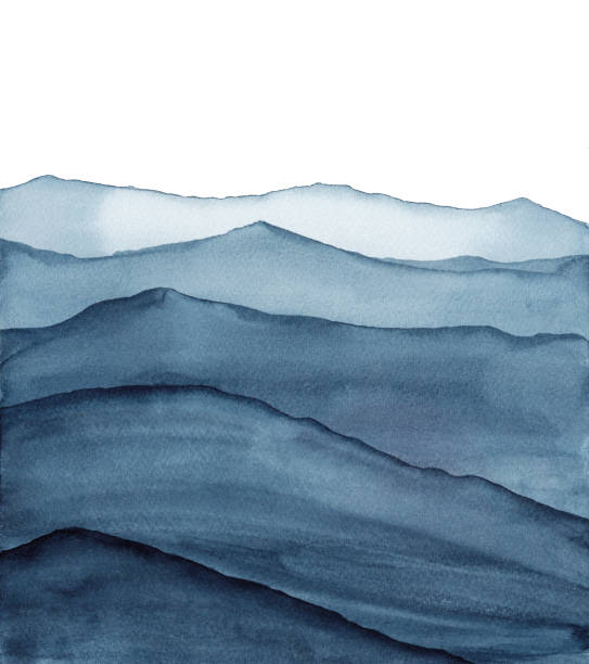 stockillustraties, clipart, cartoons en iconen met abstract indigo blue aquarel golven bergen op witte achtergrond - blauw illustraties
