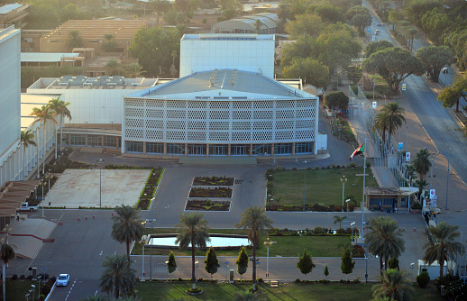 Khartoum, Sudan: Friendship Hall - Nile Street - cinema building seen from above, part of a complex with conference hall, meeting rooms, exhibition gallery, theatre, and banquet hall built as an expression of the co-operation between the Chinese and Sudanese governments