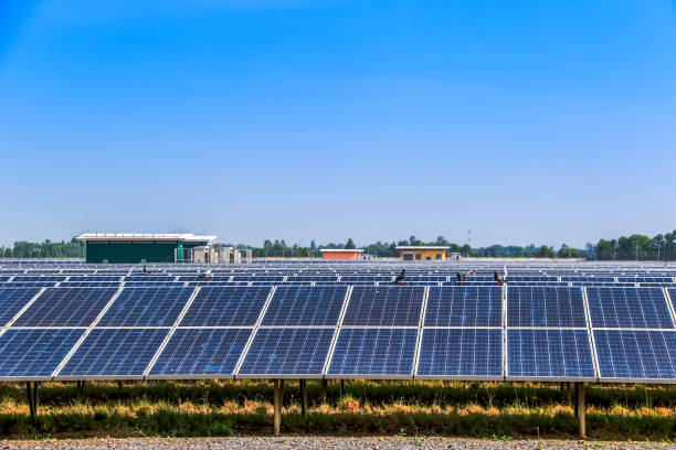 istock Eco power, Photovoltaic, Alternative electricity source, Solar panel generating electricity clean energy on blue sky background 1156447766