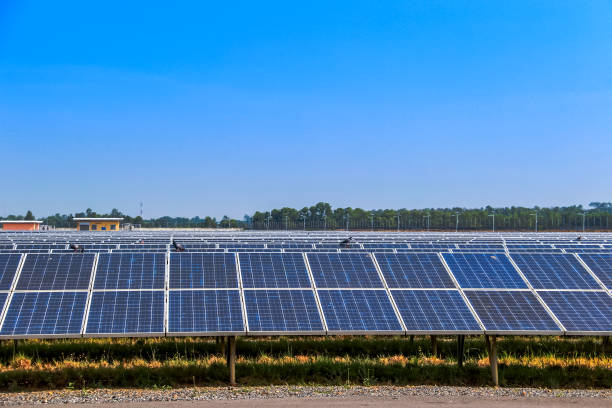 istock Eco power, Photovoltaic, Alternative electricity source, Solar panel generating electricity clean energy on blue sky background 1156447838