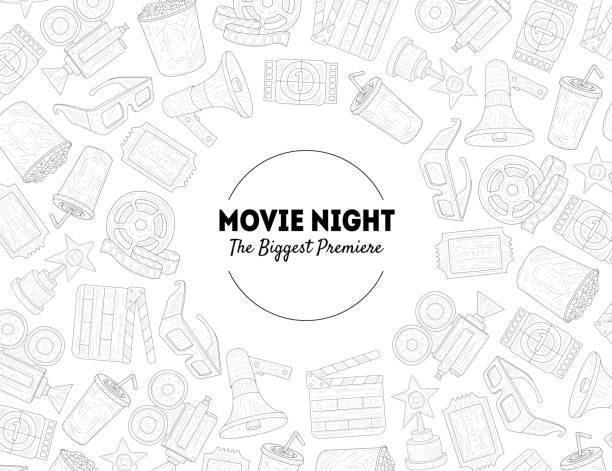 ilustrações de stock, clip art, desenhos animados e ícones de movie night, the biggest premiere banner template with place for text and movie symbols hand drawn pattern, cinema festival vector illustration - world record illustrations