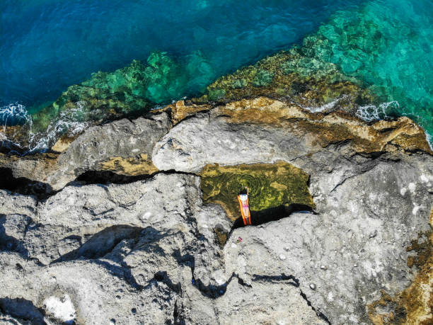 created by dji cameracreated by dji camera Woman floating in pool formed in nature.