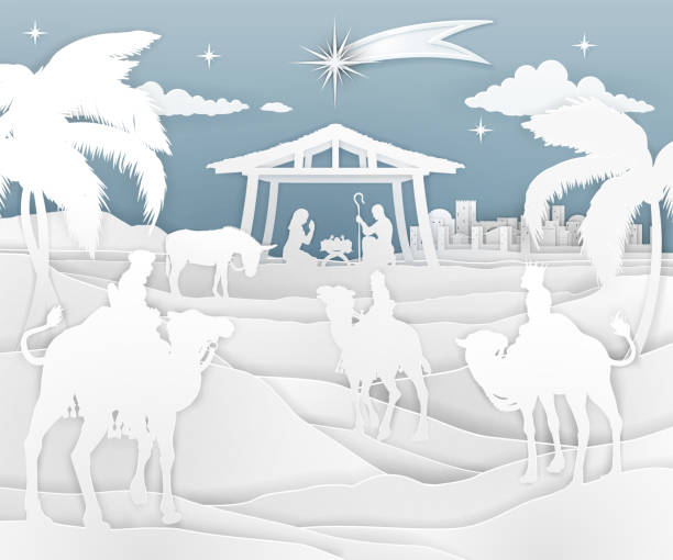 ilustrações, clipart, desenhos animados e ícones de estilo do papel da cena do natal da natividade - wisemen