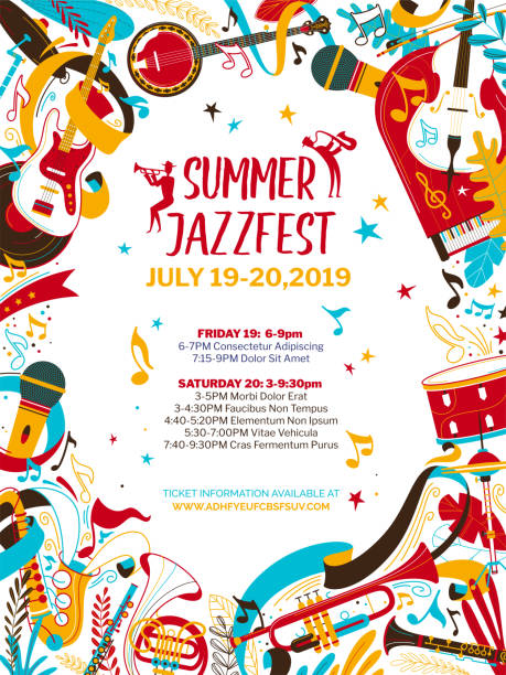 Jazz music night flat vector poster template Jazz music night flat vector poster template. Summer jazz, rhythm and blues festival web banner with text space. Banjo, saxophone, drums and flute illustration. Live music concert flyer, brochure music festival stock illustrations