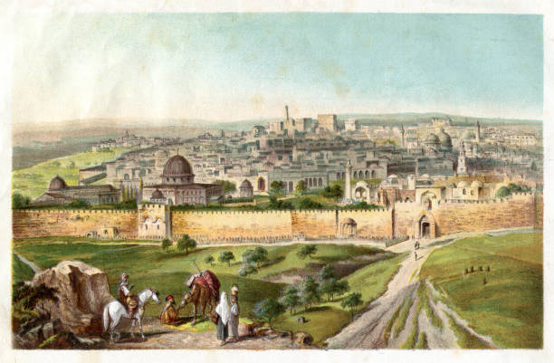 ilustraciones, imágenes clip art, dibujos animados e iconos de stock de ciudad de jerusalén vista desde el monte de los olivos 1885 - israel ilustraciones