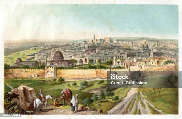 從橄欖山1885年看到的耶路撒冷城向量圖形及更多耶路撒冷圖片 - 耶路撒冷, 舊的, 聖經