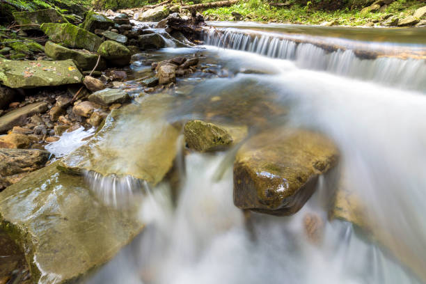 istock Fast flowing river stream with smooth silky water falling from big stones in beautiful waterfalls on bright sunny summer day. 1156453133