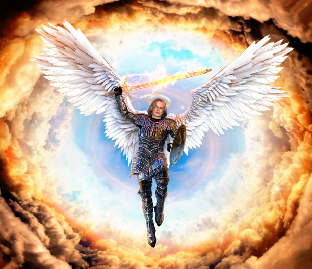 Archangel Michael in armor with flaming sword and shield Archangel Michael, with flaming sword and shield, flying on feathered wings into hell, 3d render painting archangel armor stock pictures, royalty-free photos & images