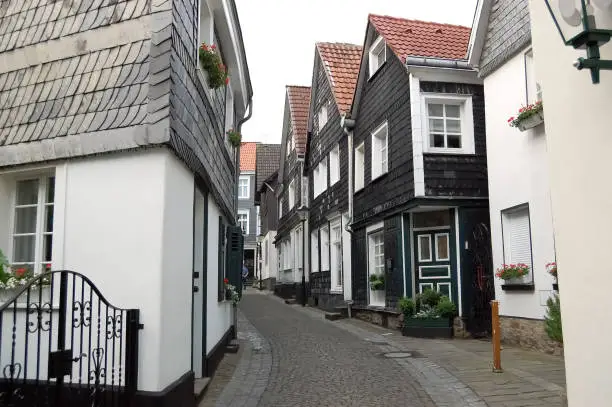 On a small street with historical timber frame houses in Kettwig old town, Germany.