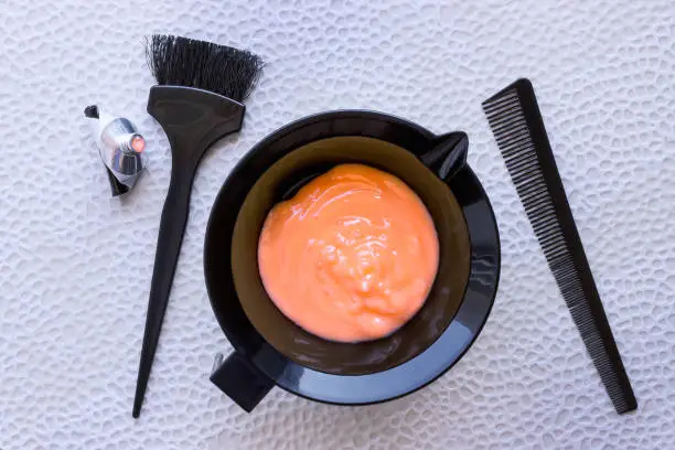Photo of Mixing hair dye in a special plastic bowl. Concept is hair coloring.