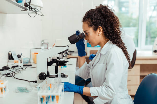 smart young woman sitting in front of the microscope - microbiology analyzing laboratory scrutiny imagens e fotografias de stock