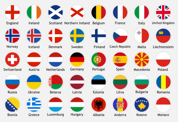 ilustraciones, imágenes clip art, dibujos animados e iconos de stock de banderas nacionales de países europeos con subtítulos. - españa inglaterra