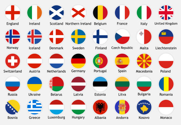 ilustrações de stock, clip art, desenhos animados e ícones de national flags of european countries with captions. - portugal spain