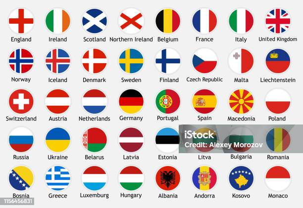 Национальные Флаги Европейских Стран С Подписями — стоковая векторная графика и другие изображения на тему Флаг - Флаг, Европа - континент, Круг