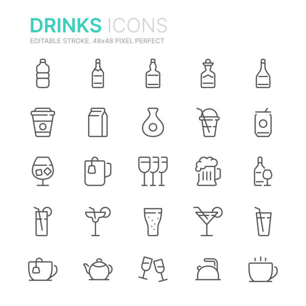 ilustraciones, imágenes clip art, dibujos animados e iconos de stock de colección de iconos de línea de bebidas. 48x48 pixel perfecto. trazo editable - bitter beer bottle alcohol beer