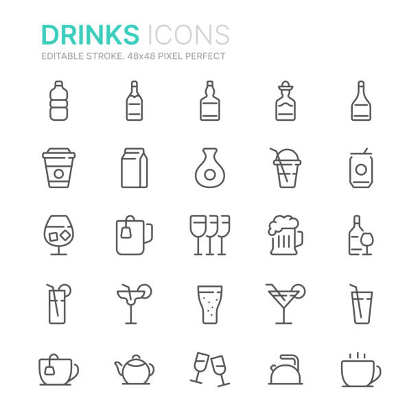illustrazioni stock, clip art, cartoni animati e icone di tendenza di collezione di icone della linea di bevande. 48x48 pixel perfetto. tratto modificabile - silhouette vodka bottle glass