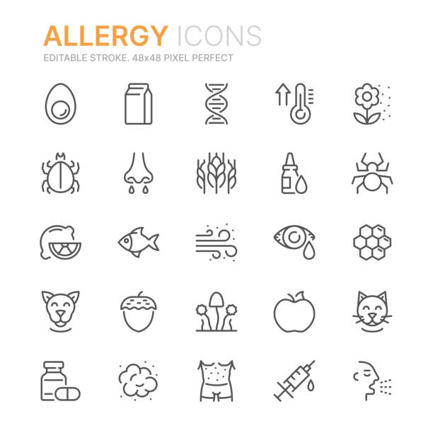 sammlung von allergie-bezogenen liniensymbolen. 48 x 48 pixel perfekt. bearbeitbarer strich - pollen grain stock-grafiken, -clipart, -cartoons und -symbole