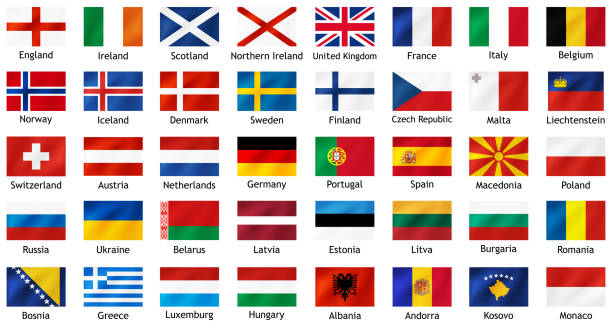 flagi narodowe krajów europejskich z napisami. - france denmark stock illustrations