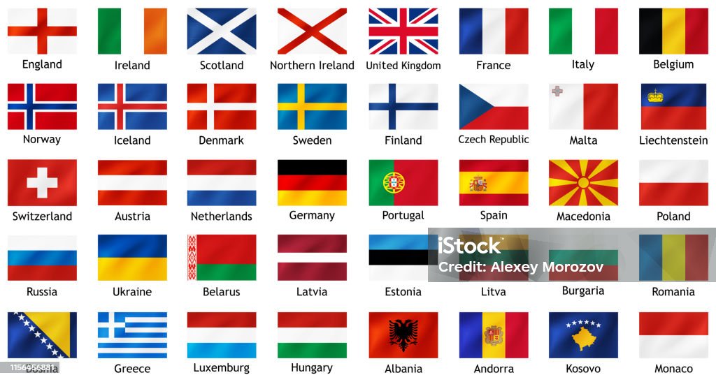 Национальные флаги европейских стран с подписями. - Векторная графика Флаг роялти-фри