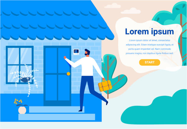 Landing Page with Cartoon Man Came Home after Work Flat Landing Page with Cartoon Man Came Home after Work. Advertising Banner with Promotion Text. Smart House and Video Surveillance and Observation System. FRID Technology. Vector Illustration knocking on door stock illustrations