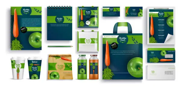 Vector illustration of Fresh Food, Eco Products, Gift Notebooks, Cups Set