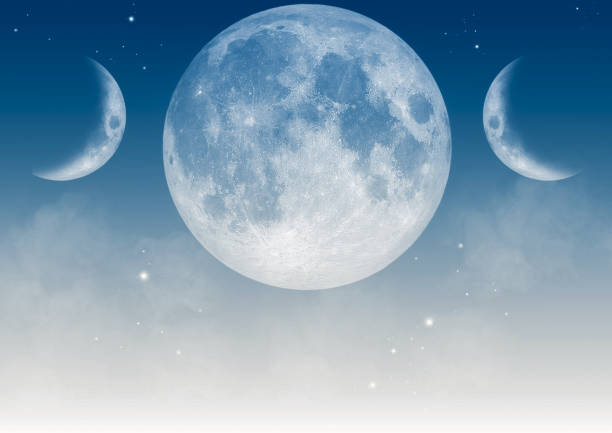 Wiccan wallpaper Light blue wallpaper with realistic triple moon Wiccan symbol. pentagram stock pictures, royalty-free photos & images