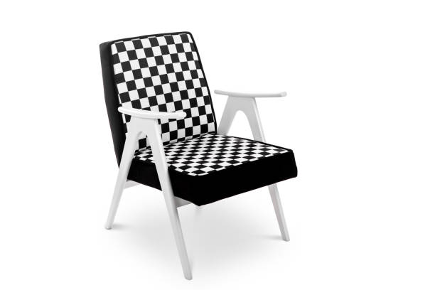 Modern vintage living room with black and white 3d rendering image .White living room There is a black and white floor. Wall decor with black groove and finished with dark brown armchair.
