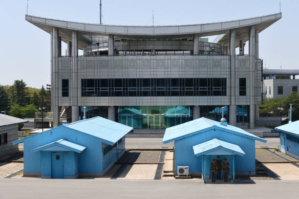 Panmunjom, North Korea - May 5, 2019: The demilitarized zone between South and North Korea. View from North Korea (DPRK)