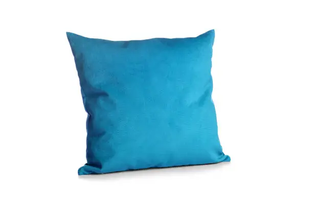 Photo of Soft blue pillow isolated on white background