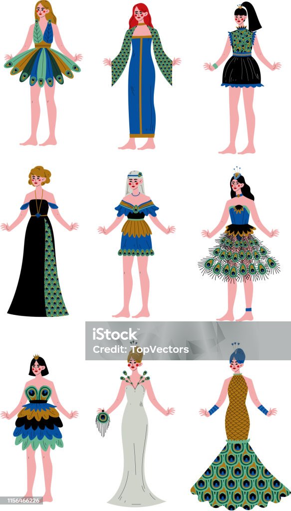 Ilustración de Colección De Mujeres Hermosas Que Llevan Vestidos Elegantes  Decorados Con Plumas De Pavo Real Ilustración Vectorial y más Vectores  Libres de Derechos de Artista - iStock